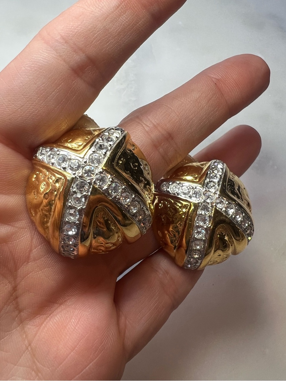 Vintage Essex Gold Tone Rhinestone Dome Clip On Earrings | Sculptural Statement - Picture 2 of 6